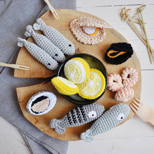 Crochet Seafood, Mini Set 14 Psc. - Shell, Mussels, Fish, Oyster, Shrimp, Lemon, Dinner, Pretend Play Food, Montessori, Amigurumi Toys