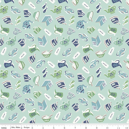Aqua, Olive, Retro Kitchen Fabric, Riley Blake Cook Book C11753, Coffee Cup, Teapot, Reproduction Feedsack Quilt Fabric By The Yard, Cotton