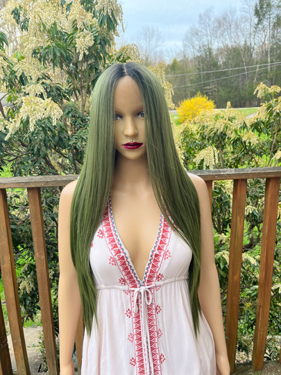 Long Straight Human Hair Blend Front Middle Parting Olive Green Daily Wig