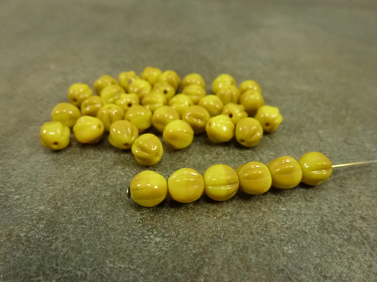 Czech Glass Melon Beads, Opaque Golden Yellow/Mustard Blend, 6mm, 50Pc, Ribbed Fluted Round