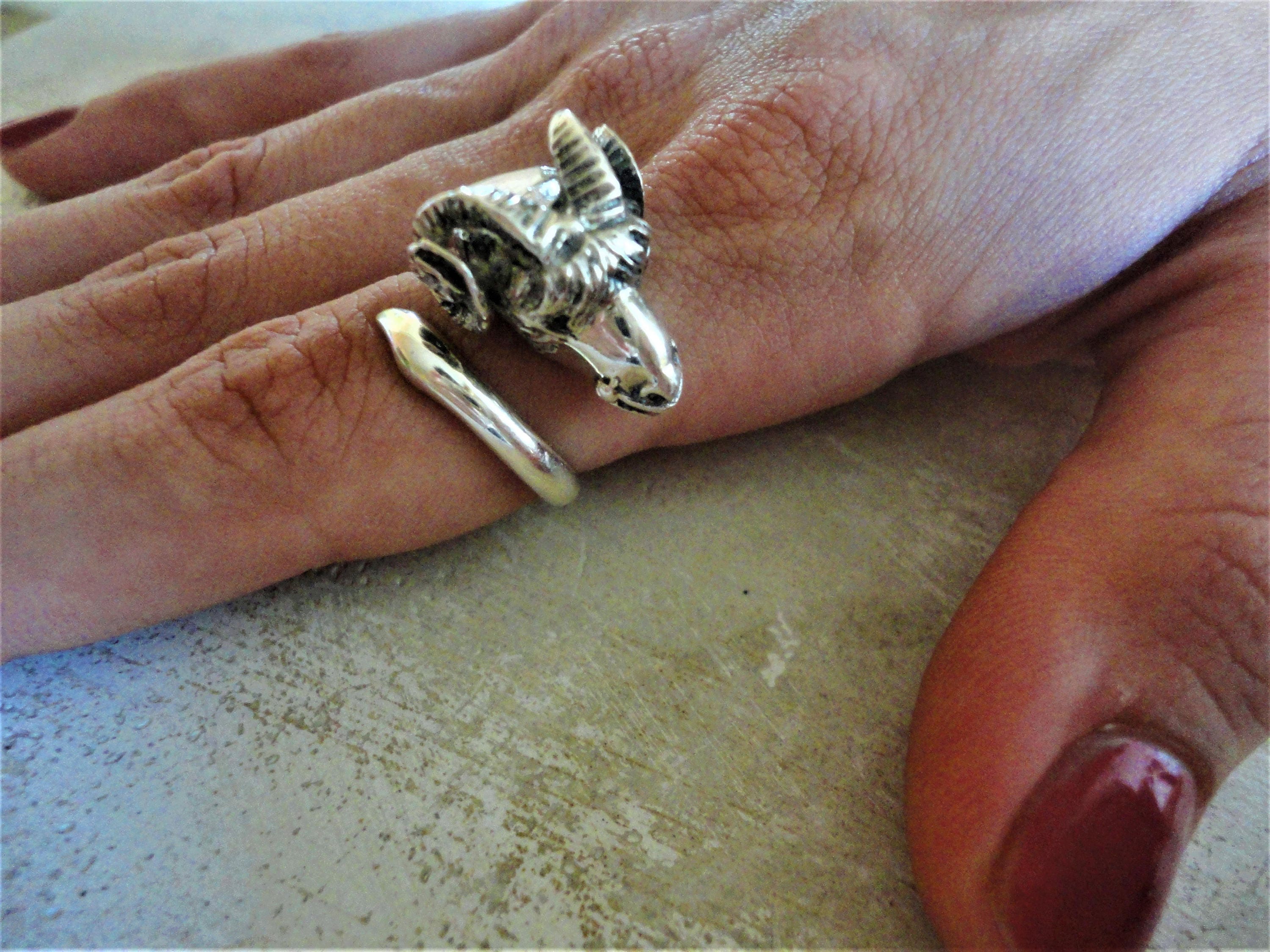 Ram Head 925 Sterling Silver Statement Ring. Mother Of Pearl Gemstone. Ancient Greek Animal Jewel. Fine Adjustable Jewellery. Gift For Her