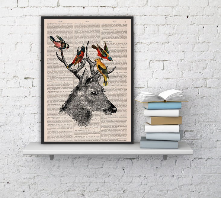 Deer Playing With Birds Friends Print On Upcycled Book Page Great For Gifts Ani040B