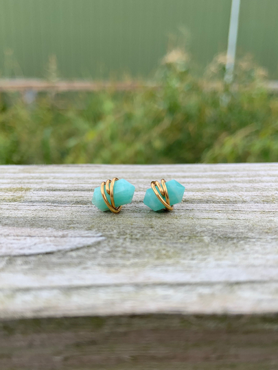 Amazonite Wire Wrapped Stud Earrings | Sterling Silver Rose Gold Bohemian Crystal Minimalist Raw Stone Jewelry