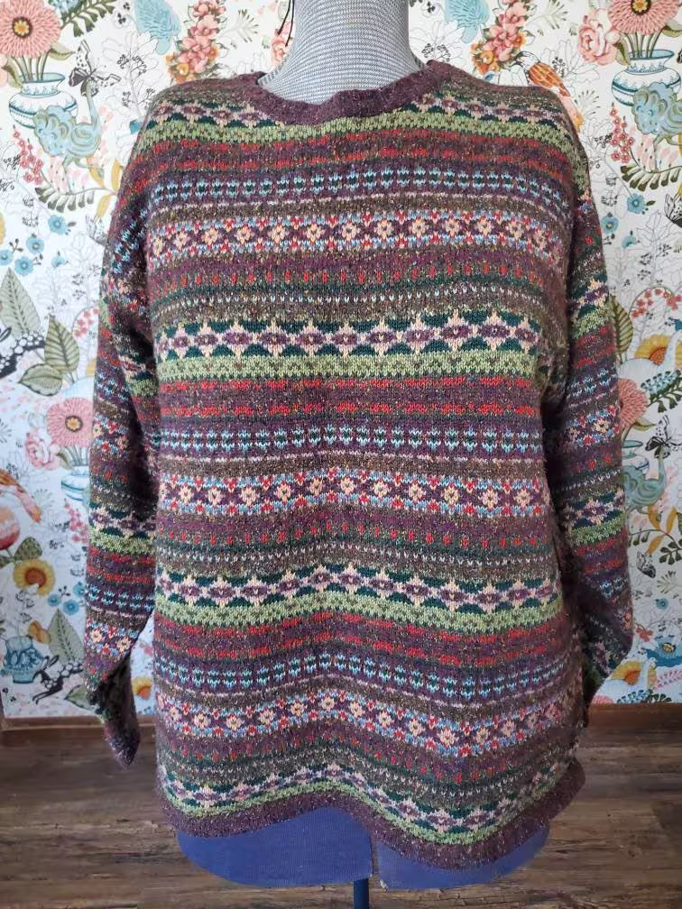 Vintage 1980S Era Ladies Sweater From Country Shop. Silk/Wool Blend, Multicolor Stripe. Pullover, Crew Neck. Size M/Medium. Free Shipping
