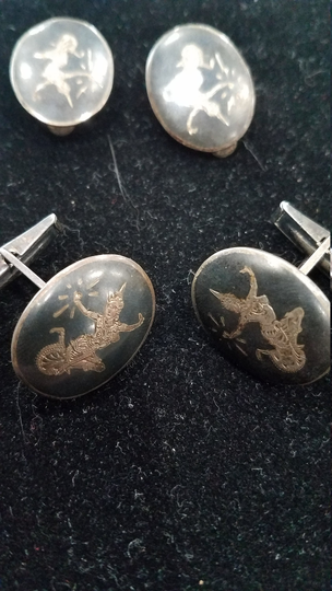 Very Vintage, Cuff Links & Ear Rings, Matching Sets, Early 1900's. ? Sterling Silver, Made in Siam Great Condition