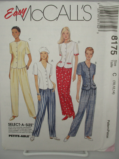 Mccalls Easy Summer Pants & Top 8175, 10 12 14, Bust 32 Half To 36, Hips 34 38, Uncut, Factory Folded, Ss, Pull On Pants, English