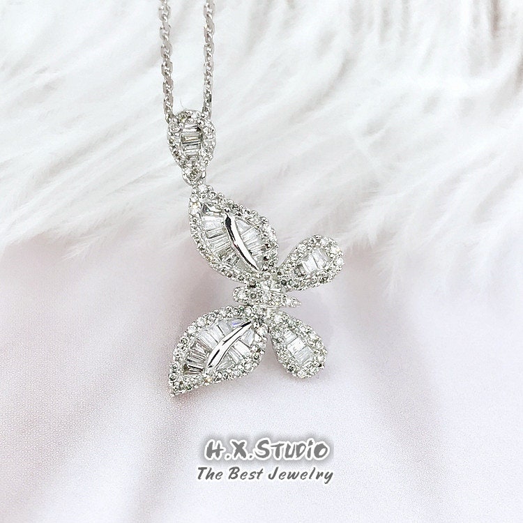 Baguette Diamond Butterfly Pendant Necklace Solid 18K Gold/Custom Fine Jewelry/Personalization Design/Gift For Women & Girls