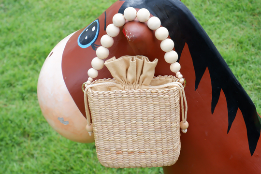 Wooden Bead Straw Bag, Seagrass Bag, Summer Beach Gift For Her, Vintage Bead Straw Birthday Gift