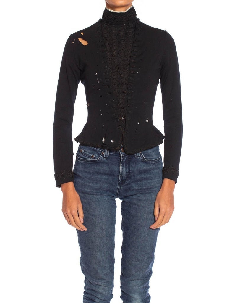 Victorian Black Wool Blend Knit Beautifully Tattered Embroidered 1880S Top From Paris