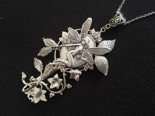Elven Necklace, Art Nouveau Silver Key & Ivy Leaf