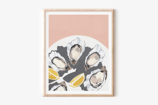 Oysters Print, Oyster Wall Art, Pink Food Seafood Colorful Kitchen Painting, Beach House Unframed Print