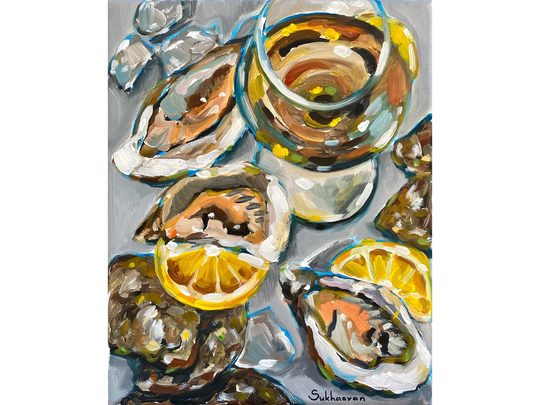 Archival Giclée Print Of The Original Acrylic Painting Still Life With Wine & Oysters Lemons By Victoria Sukhasyan
