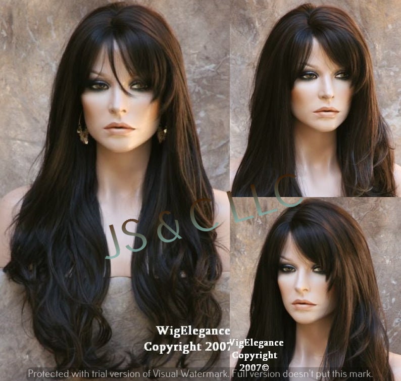 stunning Human Hair Blend Wig Darkest Brown-Almost Black Long Layered Wavy Full Heat Resistant N Bangs Cancer/Alopecia/Cosplay