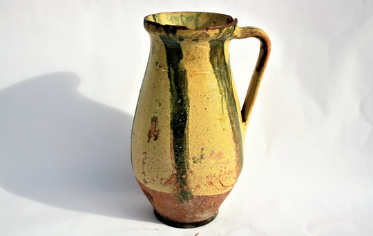 Antique Stoneware Glazed Folk Lined Pitcher, Huge Pither, Vintage Ewer, Ceramic Pottery