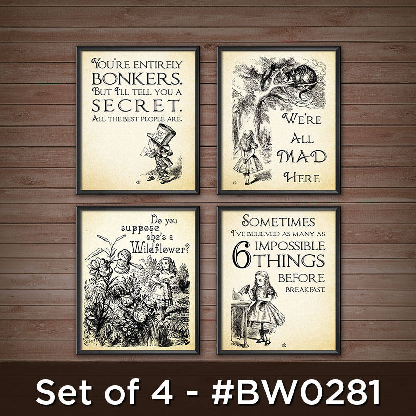 Alice in Wonderland Decorations - Mad Hatters Tea Party, Wall Art Set Hatter Quotes Decor 0281