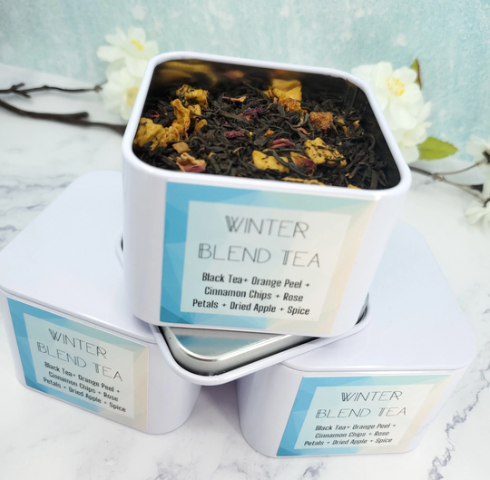 Winter Blend Tea Tin- Black With Orange Peel, Cinnamon Chips, Rose Petals, Dried Apples, Spice - Loose Leaf Tin