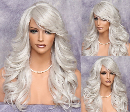 Light Grey Human Hair Blend Long Full Heat Ok Wavy Everyday Wig Feathered Sides Bangs Layers Cancer/Alopecia/Cosplay