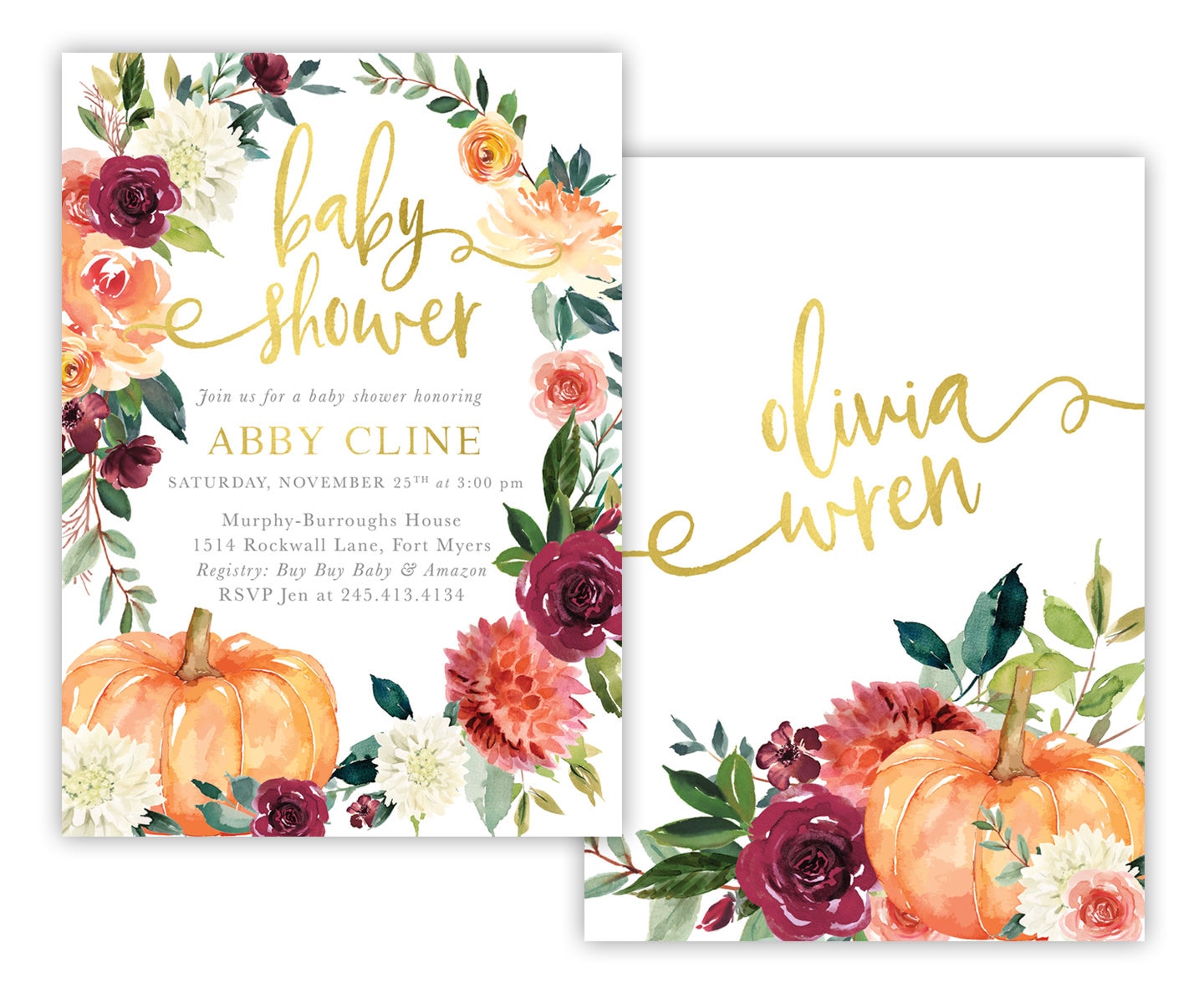 Fall Baby Shower Invitation, Burgundy, Wine, Blush Pink, Orange Florals & Greenery, Pumpkin - Printed Or Printable 7