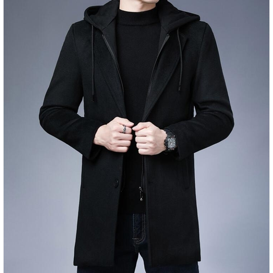 Men's Hooded Trench Coat Long Wool Blend Jacket Overcoat - Black, M