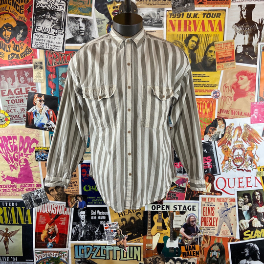 Vintage Men's 1980S-90S Taupe + Off White "Shah Safari' Striped Cotton Button Up Shirt | 90S Shah Safari