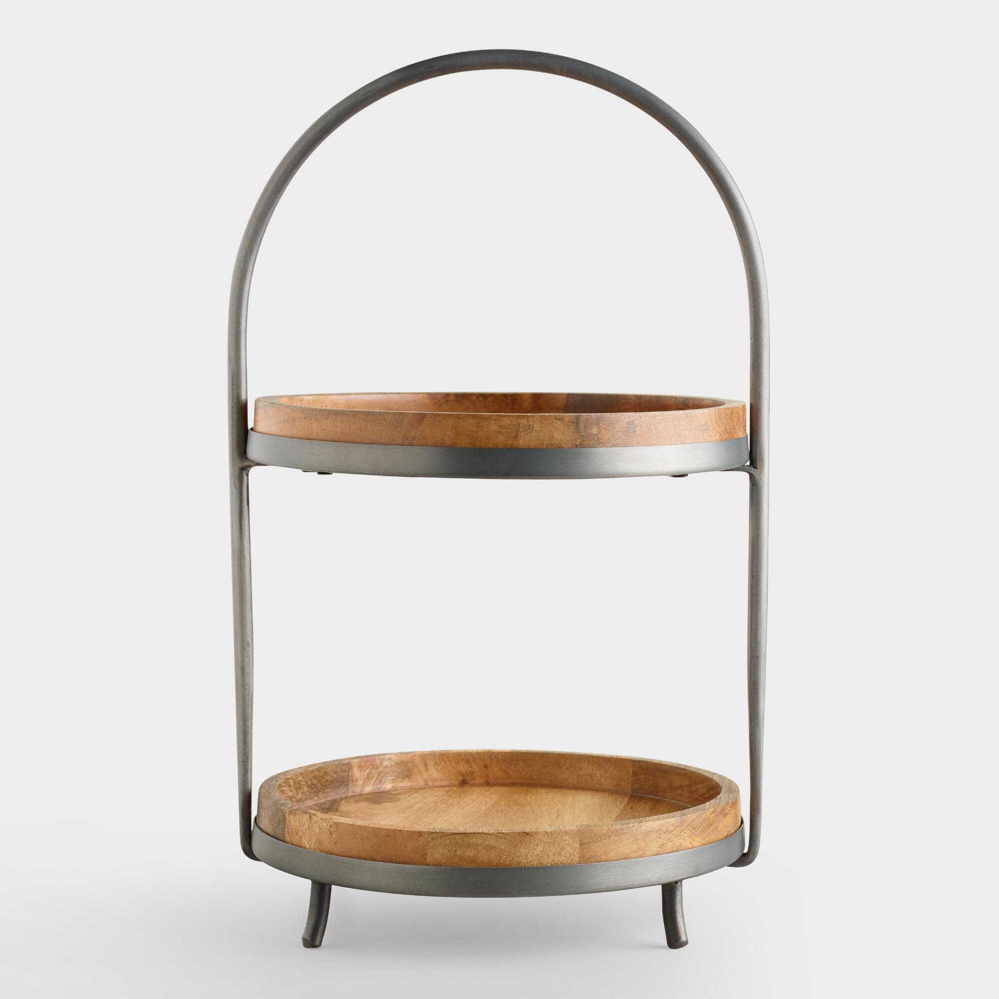 Wood and Metal 2-Tier Serving Stand: Metallic/Natural by World Market