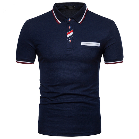 Mens Lapel Button Color Matching Cotton Blended Casual Fashion Short-Sleeved POLO Shirt For Casual Daily Polo Men Clothing - navy blue, l