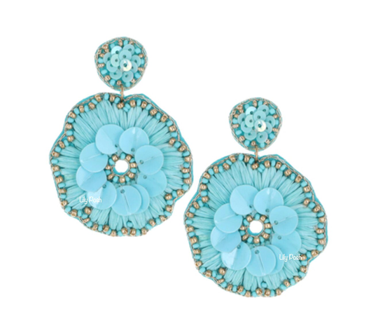 Flower Earring, Seed Bead Embellished Statement Turquoise Shabby Chic Floral Gift For Her