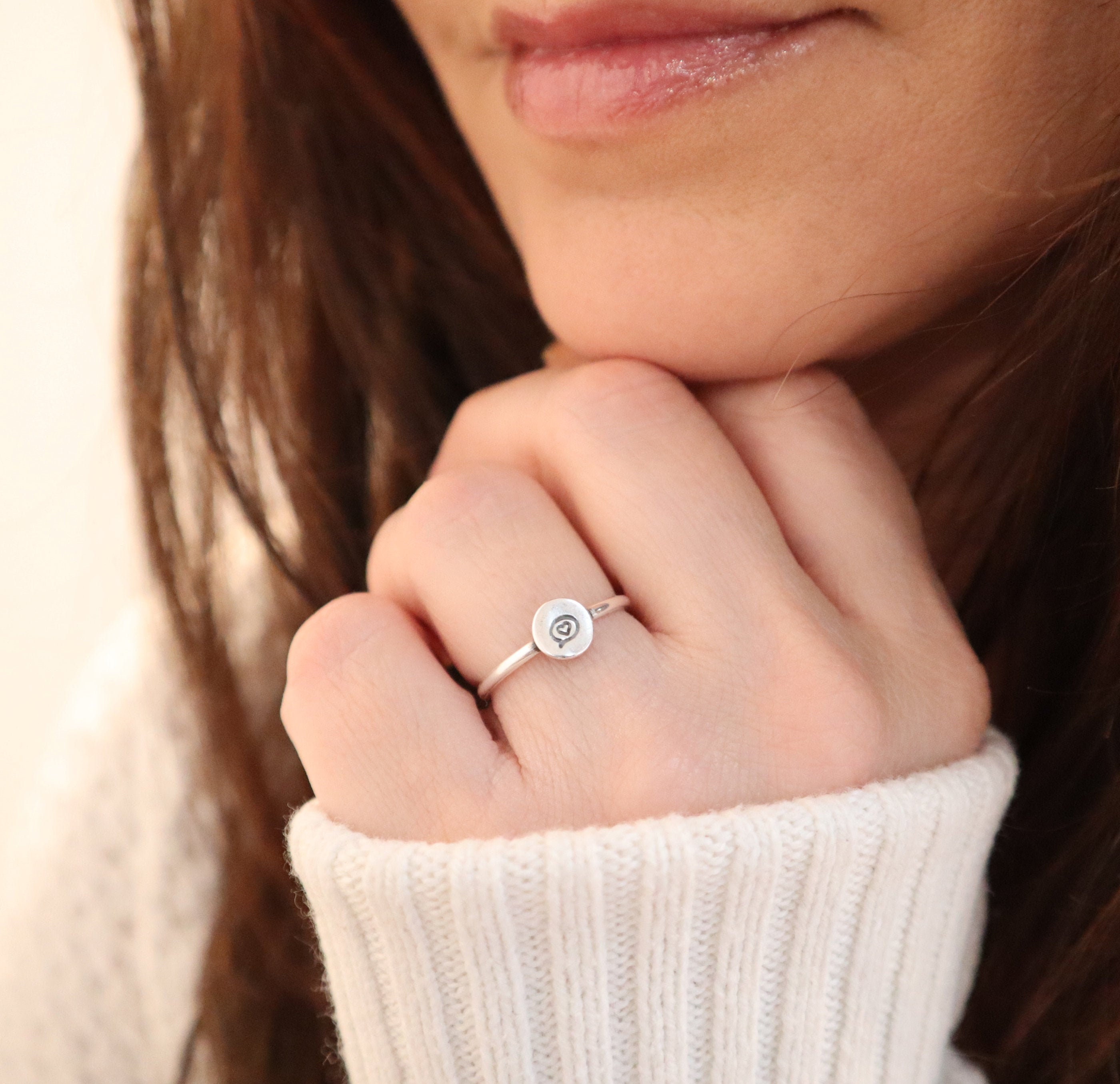Thinking Of You Ring, I Love Small Heart Skinny Bubble Tag Sterling Silver Finish, 24K Gold Band Ring