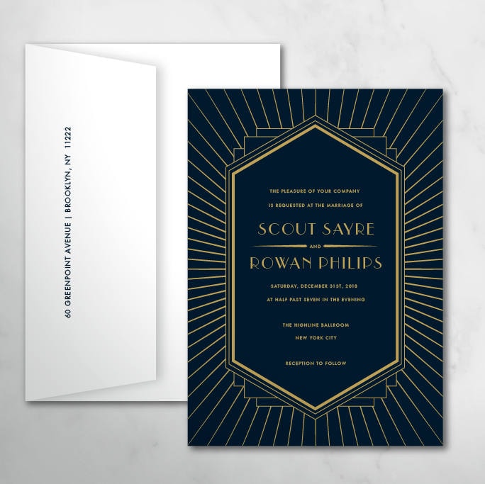 Modern Art Deco Wedding Invitations, Printable Artdeco Wedding, Printed Gold 18010