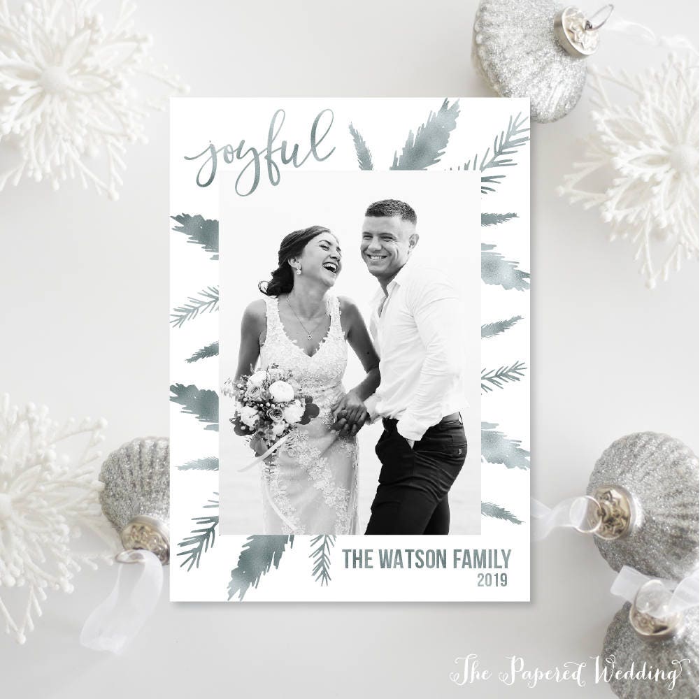 Printable Or Printed Photo Joyful Christmas Cards With Faux Silver Foil Branches - White & Holiday 053 P1
