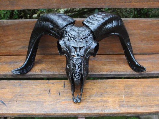 Ram Skull - Carved Sheep Decor, Ram Carving With Horn