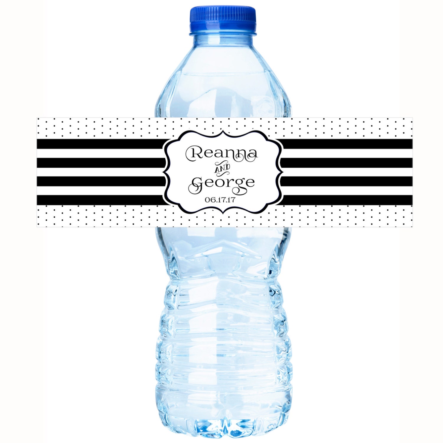 30 Classic Black & White Stripes Water Bottle Labels - Wedding Dots