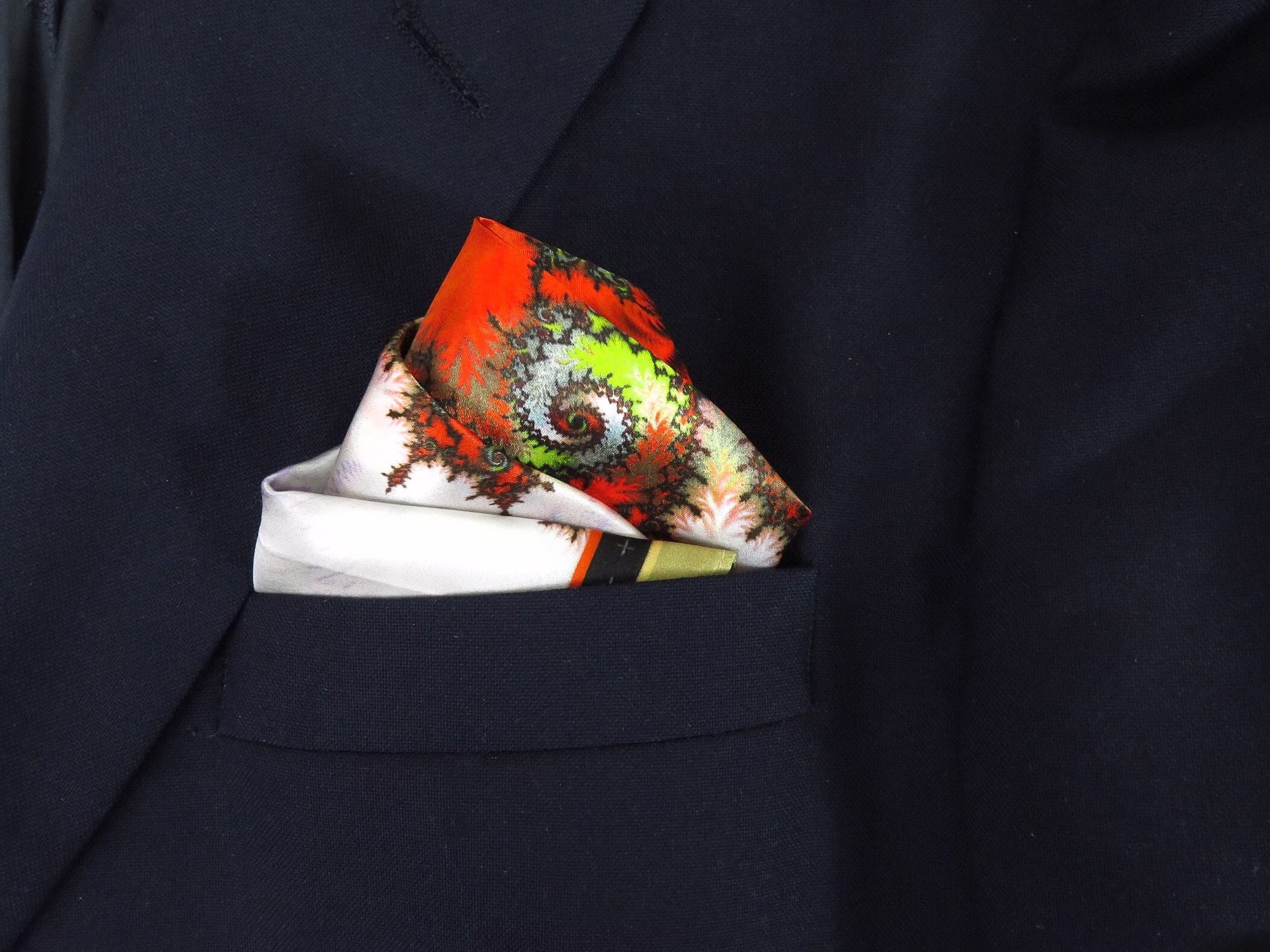 Orange Green & White Pocket Square in Pure Silk, "Theodorus" Silk Handkerchief, Gift For Husband, Neckerchief