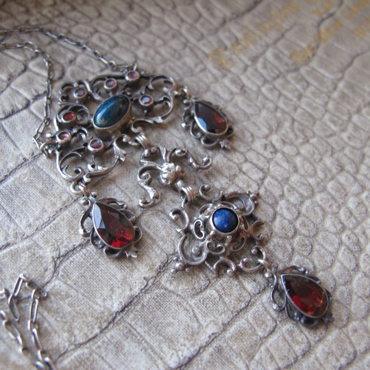 Austro Hungarian Girandole Stone & Silver Pendant Chain Necklace, Antique Chandelier Foil Backed, Almandine Stones