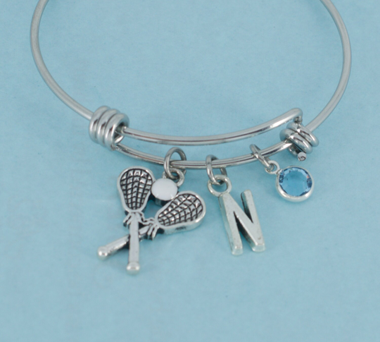 Little Girl's Lacrosse Bangle Bracelet in Silver Tones. Girls Jewelry. Bracelet. Initial N. Lacrosse