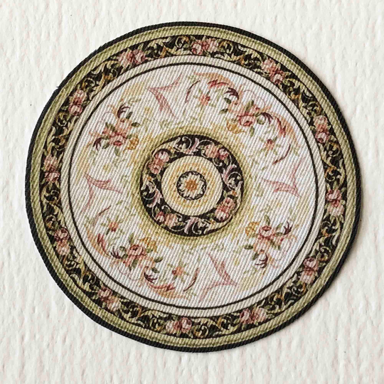 Dollhouse Miniature Round Rug Black & White With Delicate Pink Roses in 1/24, 1/12 1/6 Scale Sizes