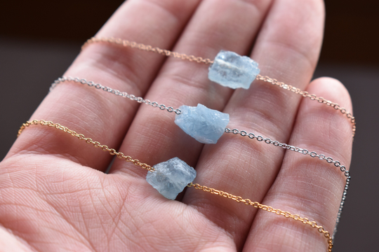 Raw Aquamarine Necklace, Small Crystal March Birthstone Necklace, Gemstone Birthday Women Gift For Her