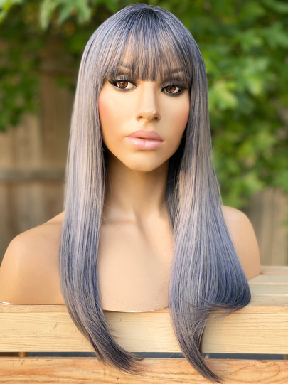 Human Hair Blend Wig Gray Silver Ombré Balayage with Bangs Full Cap