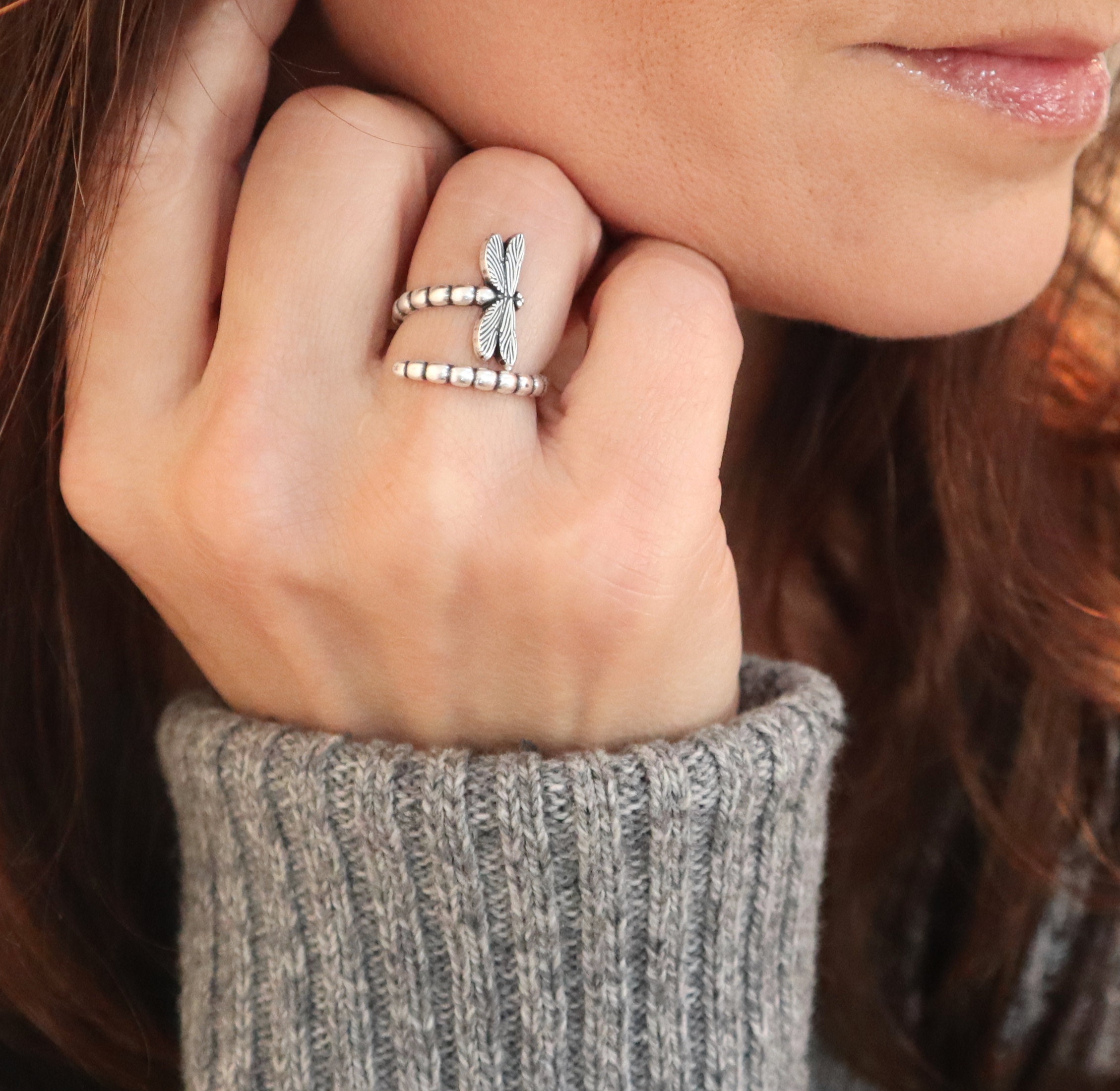 Dragonfly Ring, Adjustable Bypass Sterling Silver Finish, 24K Gold Finish
