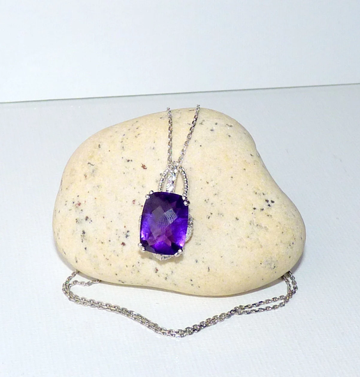 Sterling Silver Amethyst Crystal Pendant 18" Necklace 925 Cz Synthetic Stone Necklace, Purple Jewelry Purple