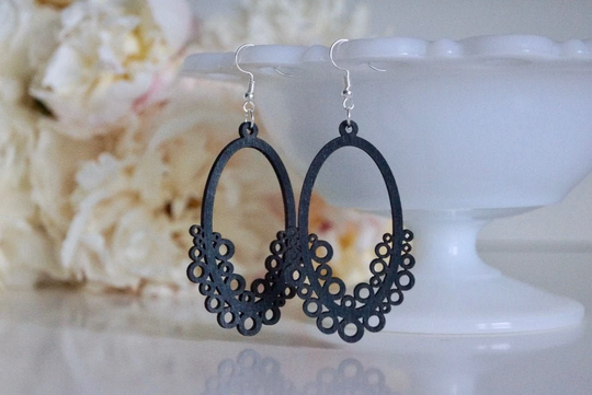 Laser Cut Earrings, Black Wooden Wood Popular Lightweight Dangle Earrings