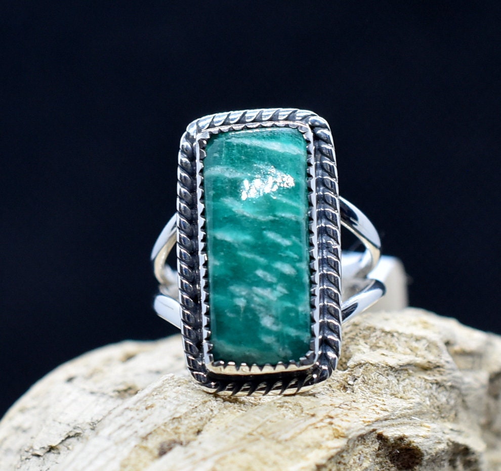 Amazonite Ring 7.5 Us, Silver Ring, Handmade Statement Birthstone Fashion Women Code Hr1 #ka1-20