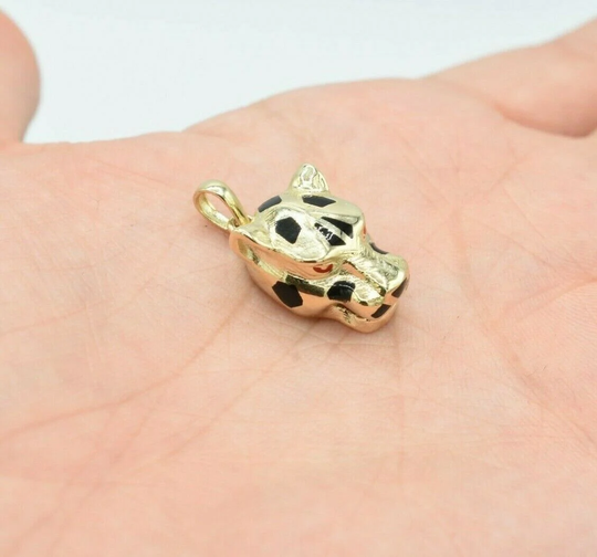 1" Black Enamel Panther Head With Red Eyes Pendant Real Solid 10K Yellow Gold