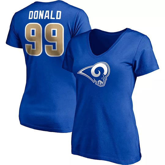 Women's Fanatics Branded Aaron Donald Royal Los Angeles Rams Player Icon Name & Number V-Neck T-Shirt, Size: Small, Blue