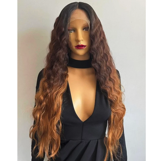 Ombré Brown Front Lace Middle Parting Human Hair Blend Daily Wig