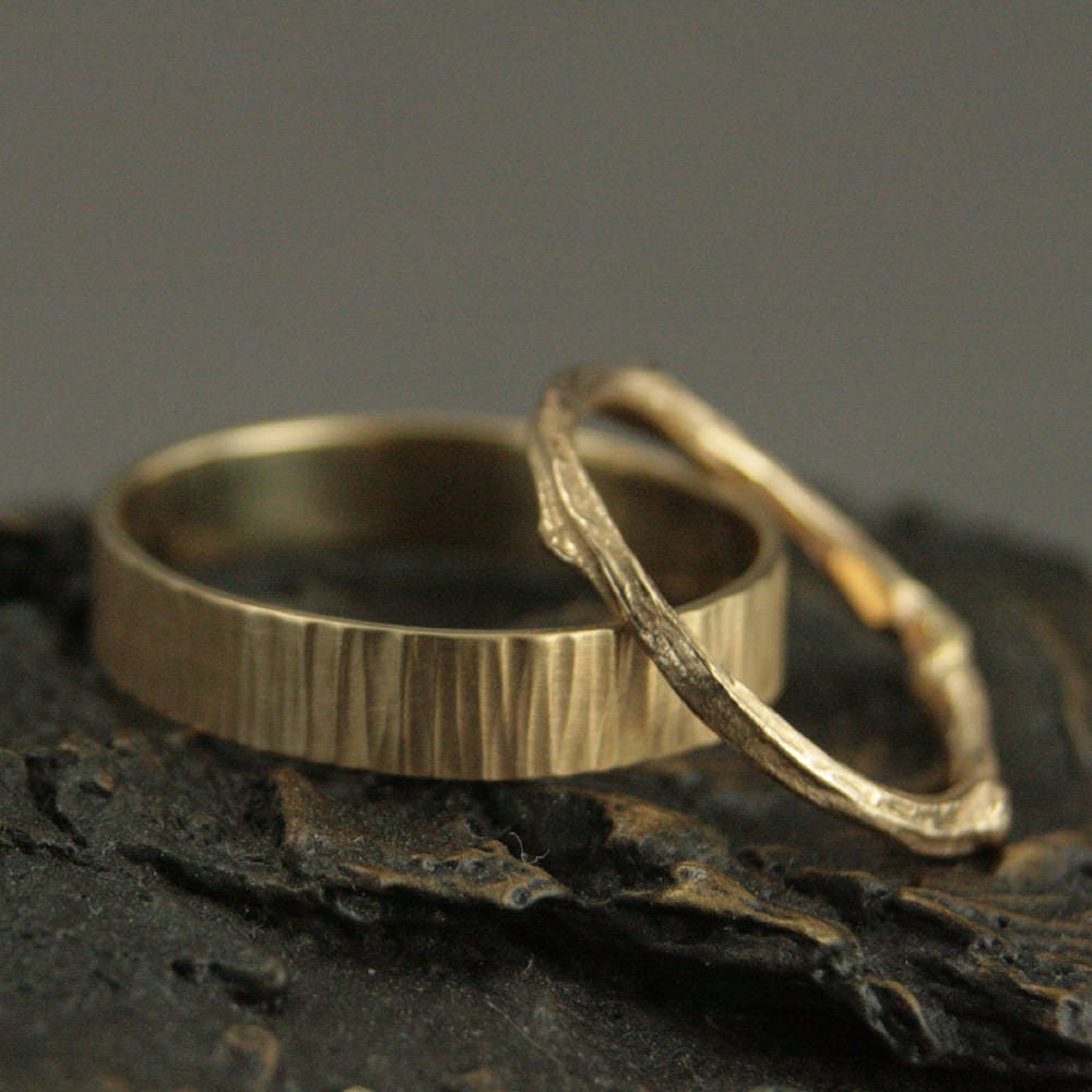 Gold Wedding Set~Branch Bands~His & Hers Rings~Woodland Set~Gold Twig Ring~Gold Bark Ring~Rustic Bands