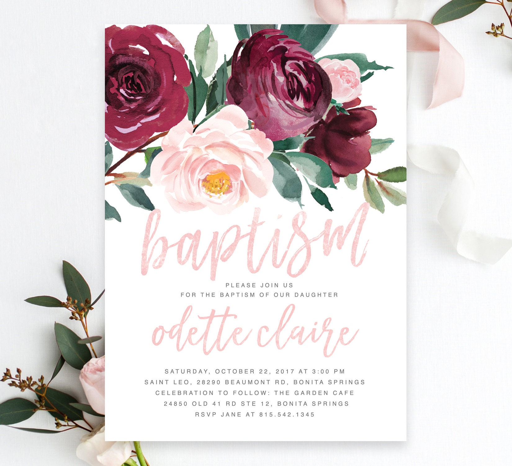 Baptism Invitation Girl, Girl Floral Blush Pink, Burgundy Flowers, Greenery - Printed Or Printable Pi-O, Odette