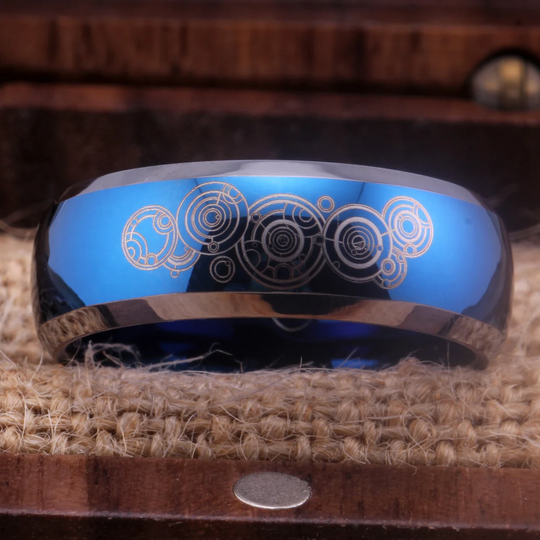Doctor Who Ring Gallifreyan Wedding Rings For Women Men 8mm Iconic Blue Dome Silver Edges Tungsten Band