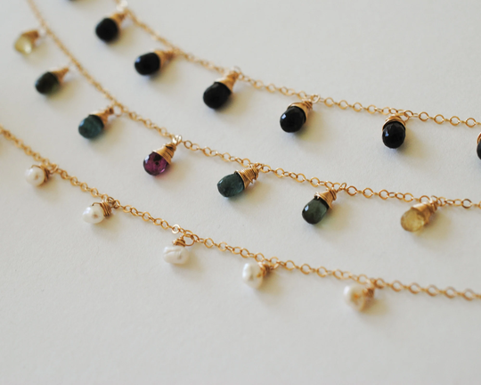 Multi Gemstone Drop Necklace | Rainbow Tourmaline, Black Or Pearl Muti Gem Gold Fill Sterling Silver