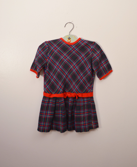 On Sale Vintage Girls Short Sleeve Plaid Drop Waist Dress With Red Bow & Zipper Back Super Soft
